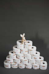 toilet paper and easter rabbit on a grey background