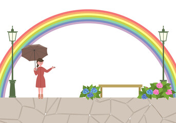雨上がりの街並み　傘をさしている女性のイラスト