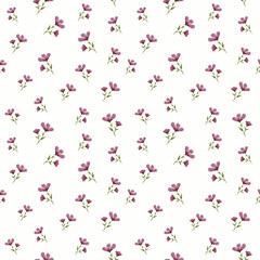 Large watercolor seamless pattern of pretty pink and red flowers hand-drawn isolated on a white background. Watercolor flowers and herbs in vintage style.
