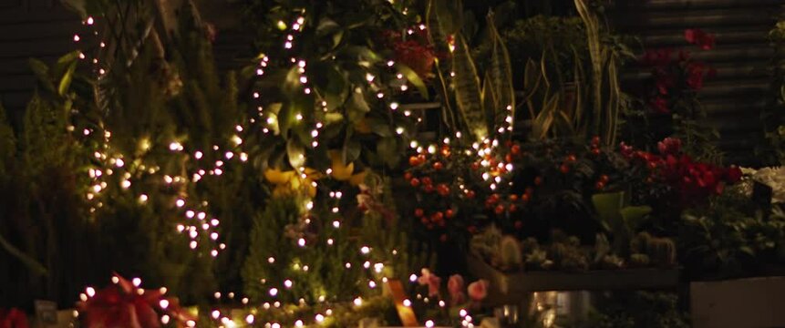 People passing by the small flower shop decorated with Christmas lights. Slow motion.