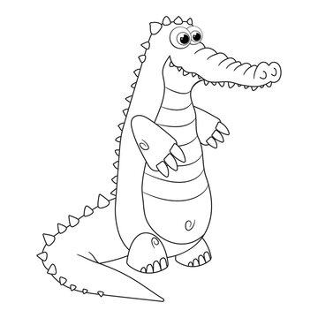 Colorless cartoon Crocodile. Coloring pages. Template page for coloring book of funny alligator for kids. Practice worksheet or Anti-stress page for child. Cute outline education game about animals.