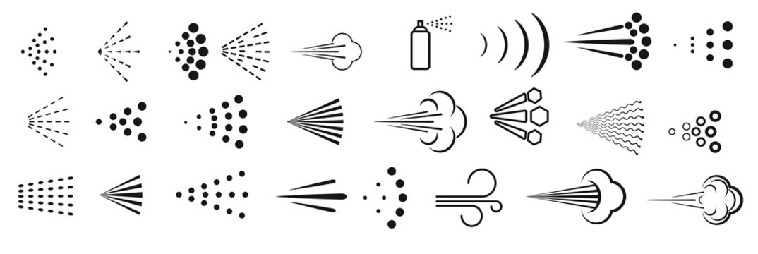 Spray icons set. Simple black fluid spray cloud symbols.