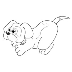 Colorless cartoon Dog sitting. Coloring pages. Template page for coloring book of funny puppy or pooch for kids. Practice worksheet or Anti-stress page for child. Cute outline education game. EPS10