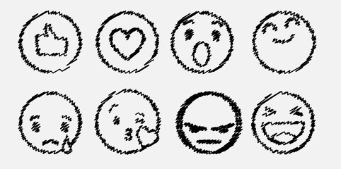 Hand drawn ink emojis faces. Vector doodle emoticons sketch, ink brush icons of happy sad funny face, design template illustration