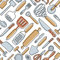 Kitchen knolling seamless pattern. Kitchenware sketch set. Doodle line vector utensils, tools and cutlery. Spatula, spoon, knife, sieve and scissors. Vegetable peeler, whisk and bottle opener
