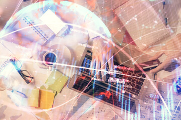 Double exposure of man and woman working together and forex graph hologram drawing. Financial analysis concept. Computer background. Top View.
