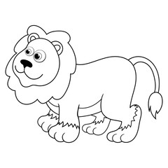 Colorless cartoon young Lion. Coloring pages. Template page for coloring book of funny Lion King for kids. Practice worksheet or Anti-stress page for child. Cute outline education game. Vector EPS10