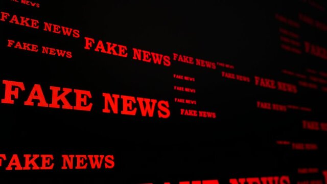 Animation with a multitude of "fake news" writings appearing on a black screen. Perspective view