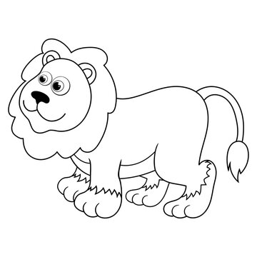 Colorless cartoon young Lion. Coloring pages. Template page for coloring book of funny Lion King for kids. Practice worksheet or Anti-stress page for child. Cute outline education game. Vector EPS10