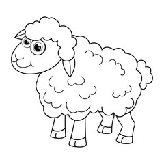 Colorless cartoon Lamb smiles. Coloring pages. Template page for coloring book of funny Sheep or ewe for kids. Practice worksheet or Anti-stress page for child. Cute outline education game. Vector EPS