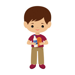 Little boy with products on a white background