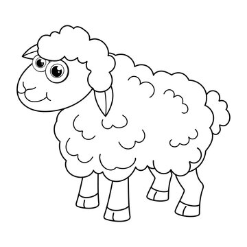 Colorless cartoon Lamb smiles. Coloring pages. Template page for coloring book of funny Sheep or ewe for kids. Practice worksheet or Anti-stress page for child. Cute outline education game. Vector EPS