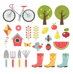 Gardening clipart. Rubber boots, trees, fruits and vegetables