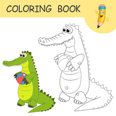 Coloring book with fun character Alligator with ball. Colorless and color samples Crocodile on coloring page. Coloring design in cute cartoon style. Black contour silhouette with a sample for coloring