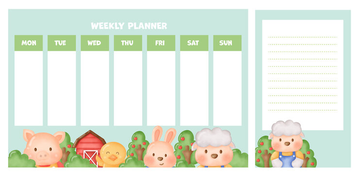 Weekly Planner With Cute Farm Animals.