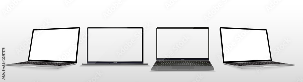 Poster Great collection laptop from different angles and position. Notebook with blank screen. Mockup generic 3D Realistic devices. Side, top view and isometric. Set laptop for presentation product. Vector