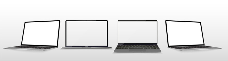 Great collection laptop from different angles and position. Notebook with blank screen. Mockup generic 3D Realistic devices. Side, top view and isometric. Set laptop for presentation product. Vector