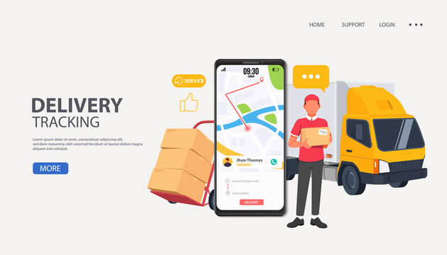 Logistic cargo mobile courier or freight delivery service transportation vector, flat cartoon truck automobile with warehouse parcel packages and cellphone or phone city map pin track