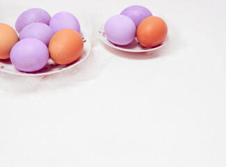 Colored eggs on plate with on white background. Copy space.  Easter concept.
