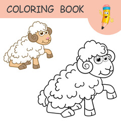 Coloring book with fun character Ram. Colorless and color samples muttton on coloring page for kids. Coloring design in cute cartoon style. Black contour silhouette with a sample for coloring.