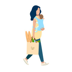 Vector illustration of a happy young mother with a baby in her arms goes from the store with a package of products. Happiness of motherhood, mother's day, happy childhood isolated on white background.