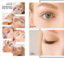 Collage of beautiful young woman undergoing procedure of eyelashes lamination in beauty salon
