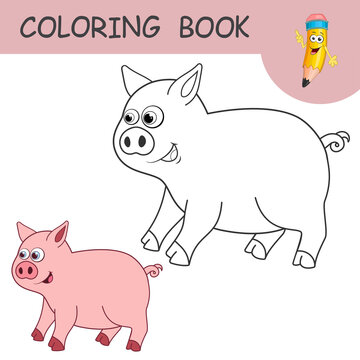 Coloring book with fun character Pig. Colorless and color samples Piglet or Piggy on coloring page for kids. Coloring design in cute cartoon style. Black contour silhouette with a sample for coloring.