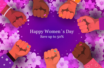 international womens day mix race fists holiday shopping sale concept different nationalities female hands