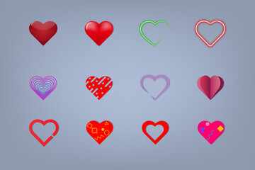 A set of cute stylized hearts, volumetric, neon and paper.