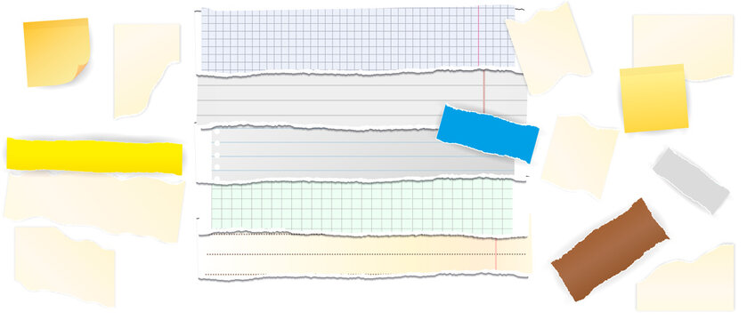 Set of different shapes blank paper scraps placed on white background