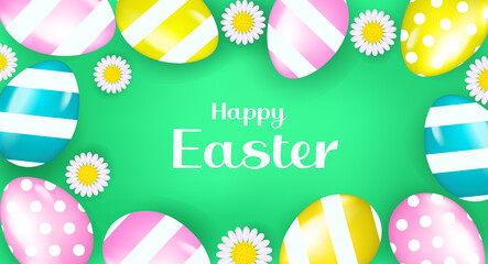 Happy Easter banner poster with realistic Easter eggs and chamomile. Spring cute template for your design with text space. Round frame. Vector illustration