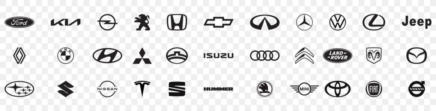 Set logos popular brands cars. Black automobile logos isolated on a transparent background. Vector illustration