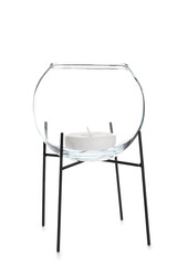 Candle in stylish holder on white background