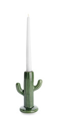Holder in shape of cactus with candle on white background
