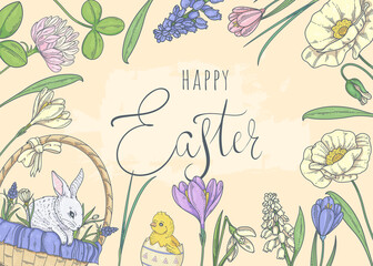 Happy Easter. Banner with bunnies and spring flowers