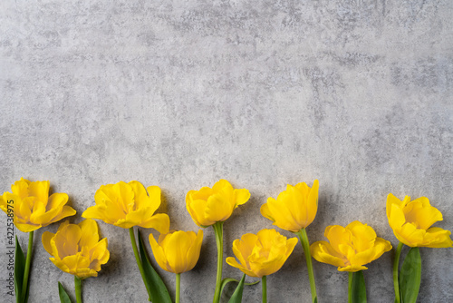 Concept of Mother's day holiday greeting with yellow tulip bouquet on gray background