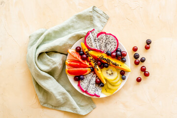 Group of tropical fruits in plate. Exotic breakfast with mango and dragon fruit. Top view