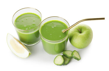 Glasses of healthy green smoothie and ingredients on white background