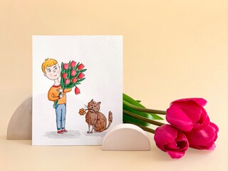 Watercolor card: boy with bouquet and cat with flower. Concrete props, tulips. Mother day concept.