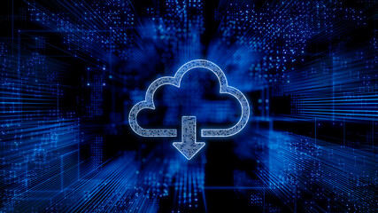 Data storage Technology Concept with cloud download symbol against a Futuristic, Blue Digital Grid background. Network Tech Wallpaper. 3D Render 