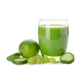 Glass of healthy green smoothie and ingredients on white background