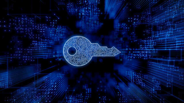 Security Technology Concept with key symbol against a Futuristic, Blue Digital Grid background. Network Tech Wallpaper. 3D Render 