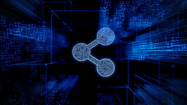 Network Technology Concept with share symbol against a Futuristic, Blue Digital Grid background. Network Tech Wallpaper. 3D Render 