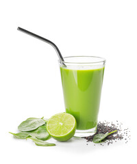 Glass of healthy green smoothie and ingredients on white background