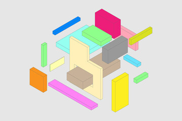 Rectangles of different shapes and colors in an abstract isometric image