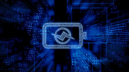 Energy Technology Concept with battery symbol against a Futuristic, Blue Digital Grid background. Network Tech Wallpaper. 3D Render 