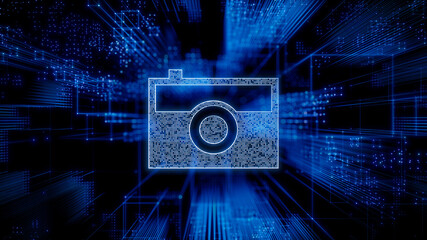 Photo Technology Concept with camera symbol against a Futuristic, Blue Digital Grid background. Network Tech Wallpaper. 3D Render 