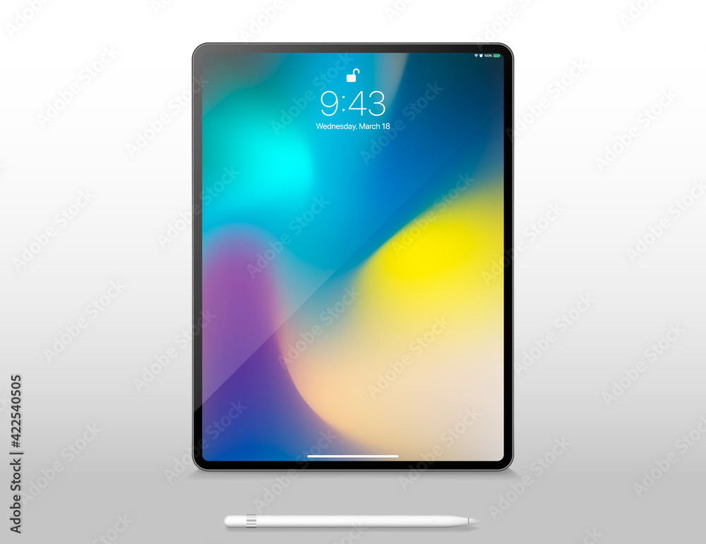 Poster realistic tablet computer lock screen with abstract colored geometric wallpaper. big and small moder