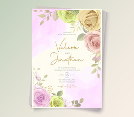 Wedding invitation design with soft color floral and leaves