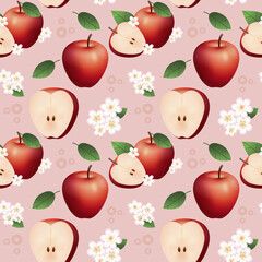 Powtarzalny wzór złożony z połowy i całego jabłka, kwiatów i liści na jasnym, czerwonym tle.